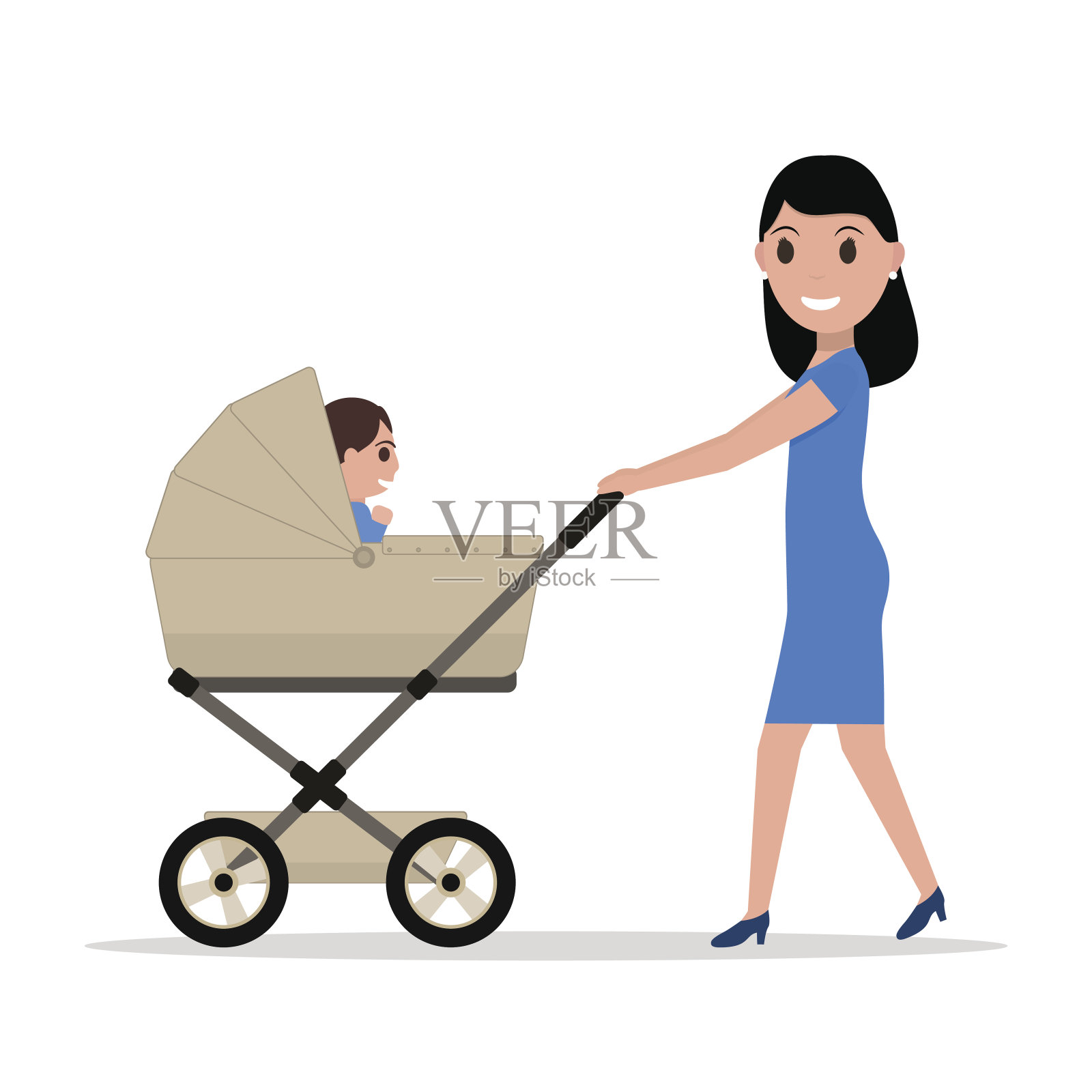 矢量卡通母亲骑着婴儿车插画图片素材