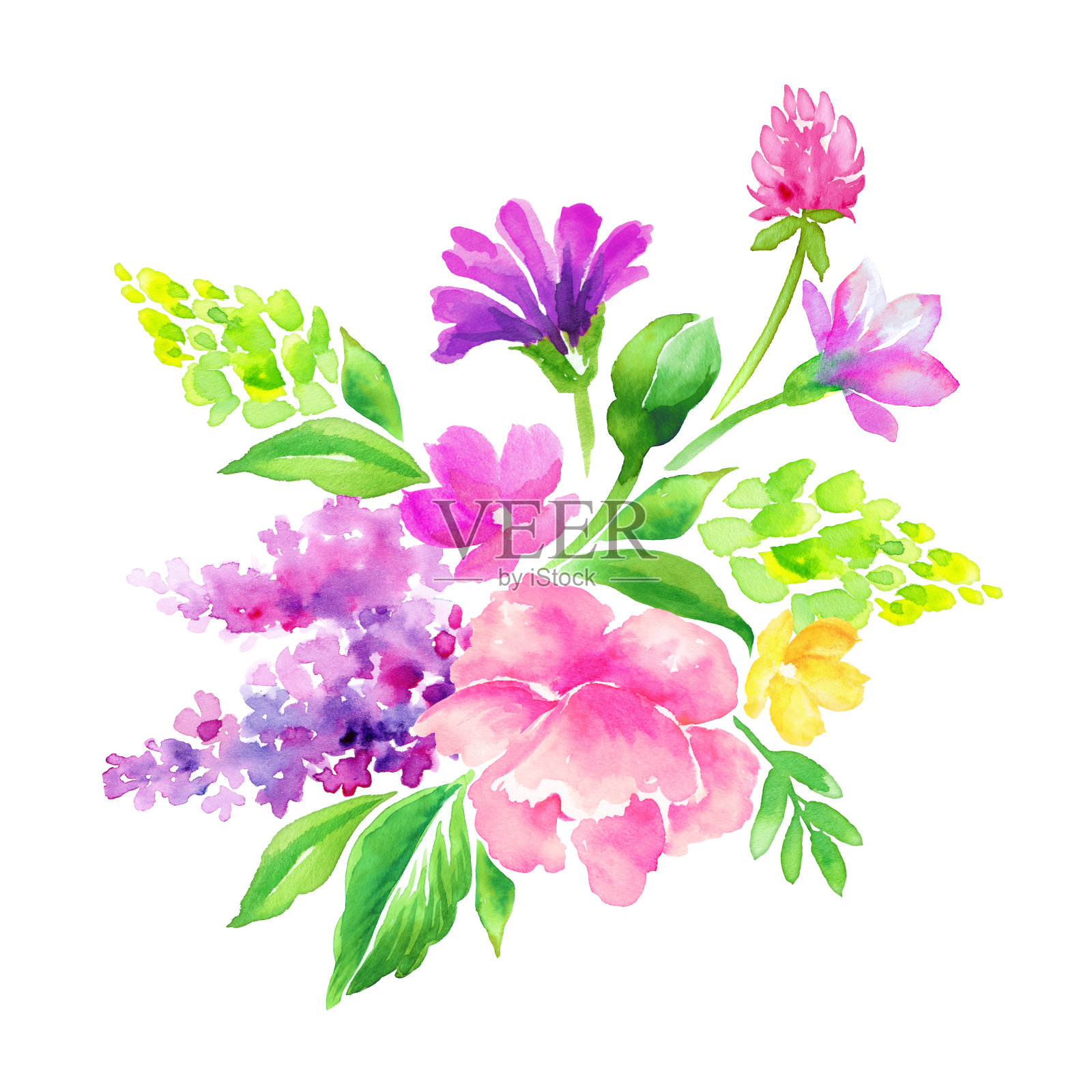 水彩圆束鲜花，夏季彩色花束插图，孤立在白色的背景插画图片素材