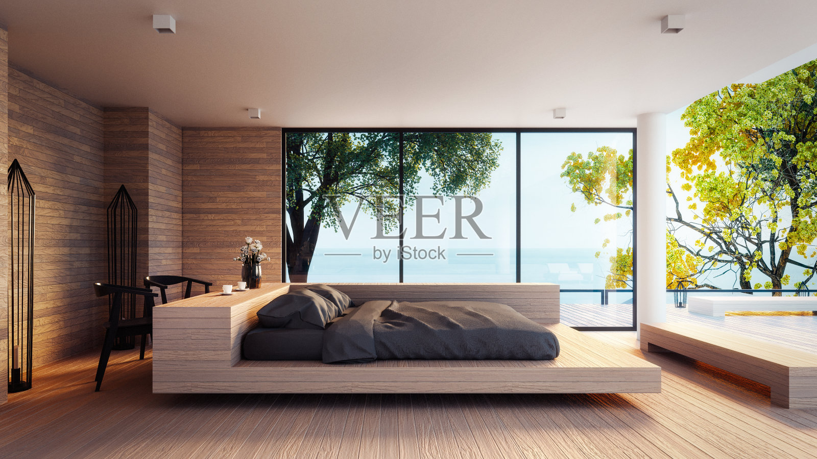 现代卧室-海景度假和夏季/ 3d渲染室内照片摄影图片