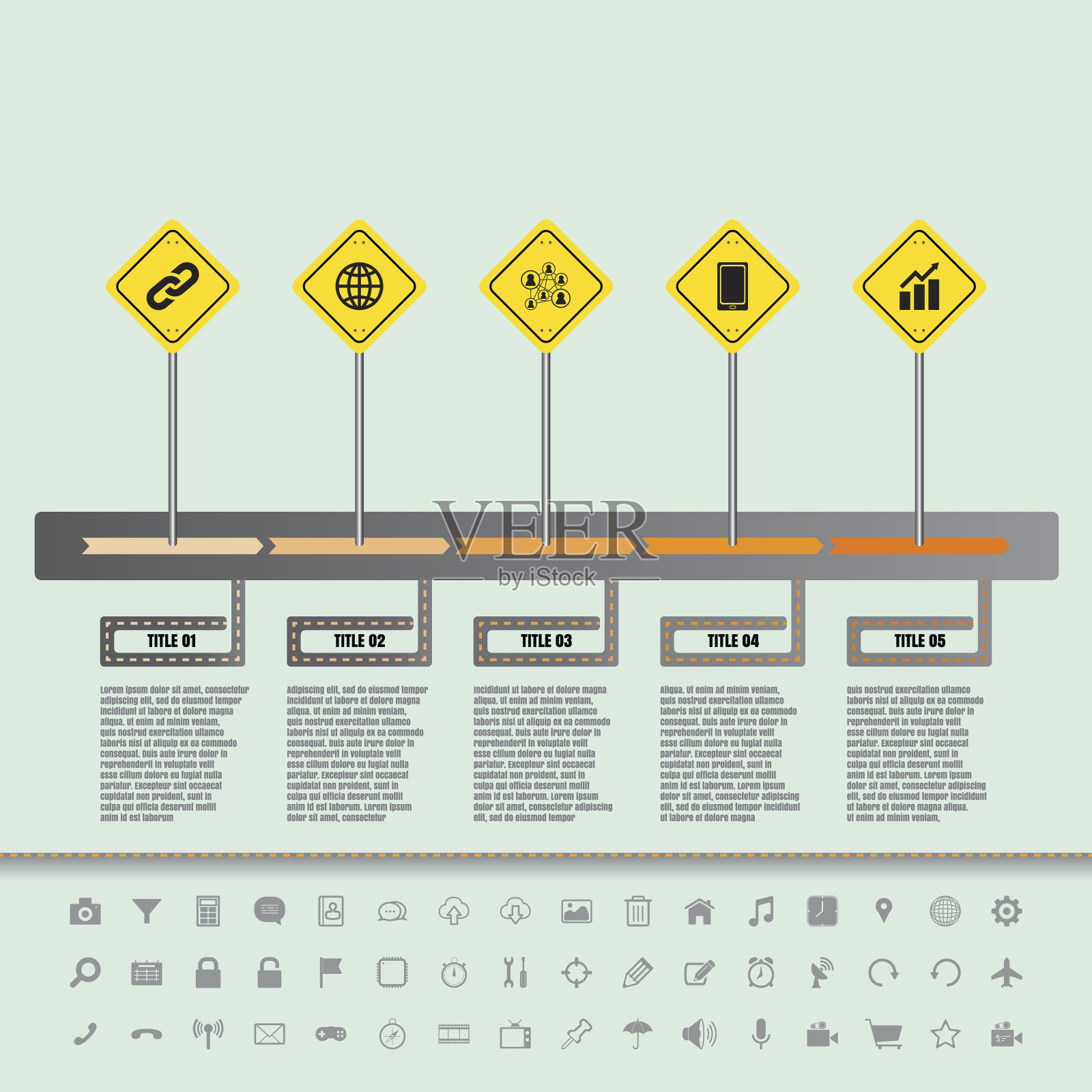 道路标志平坦的时间线与一组图标插画图片素材