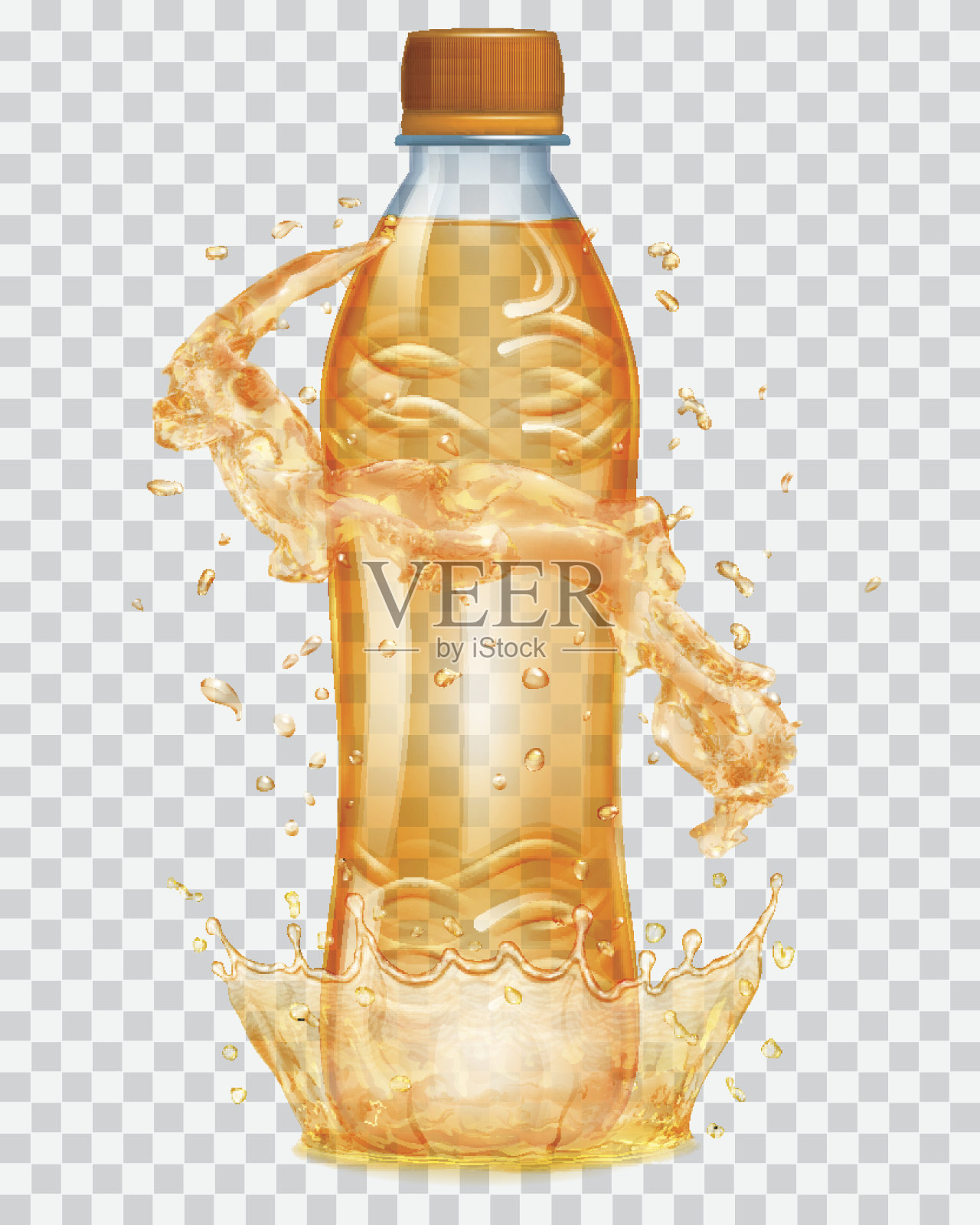 透明塑料瓶与水冠和溅在橙色插画图片素材