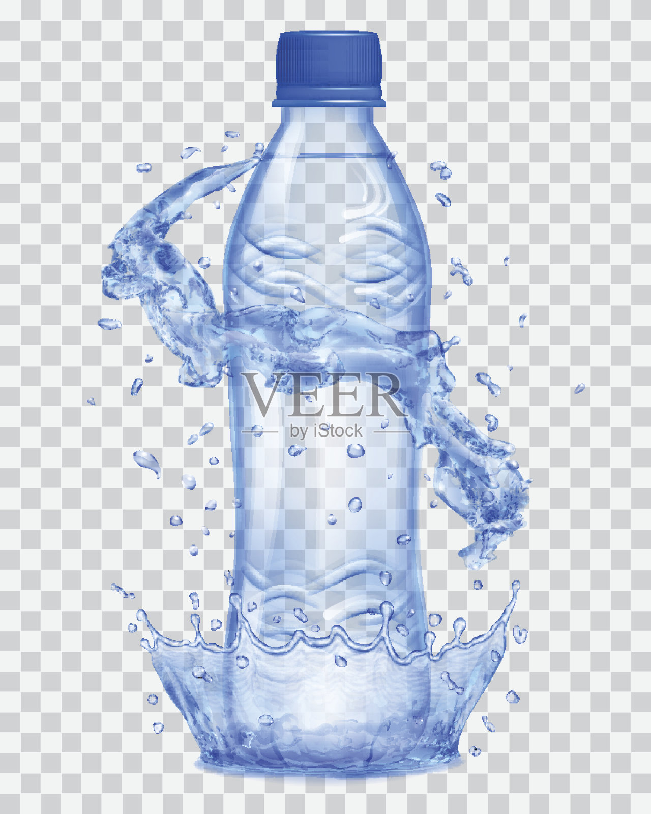 透明塑料瓶与水冠和溅在蓝色设计元素图片