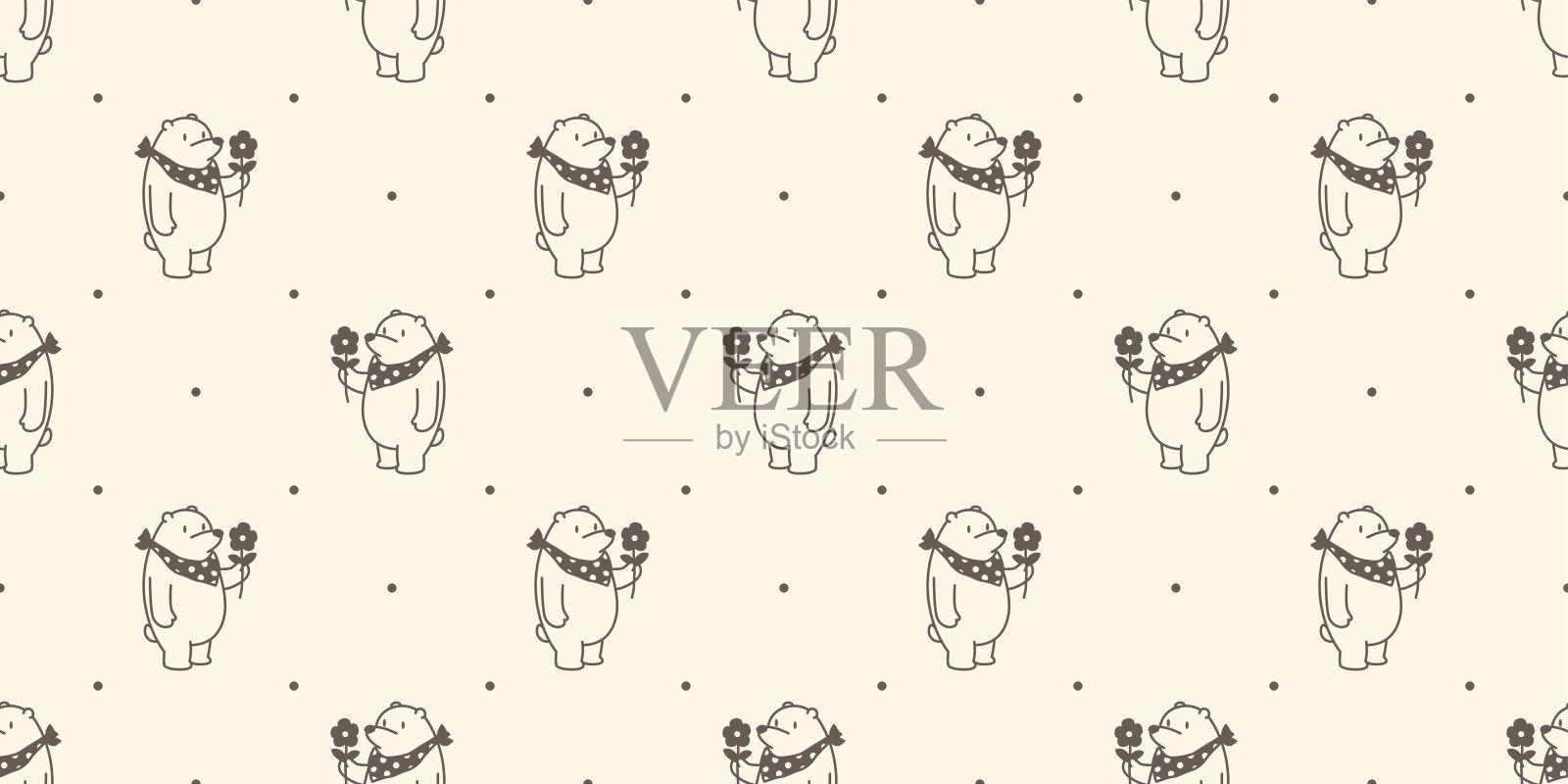 北极熊有一个花和波尔卡点围巾/无缝图案背景墙纸插画图片素材