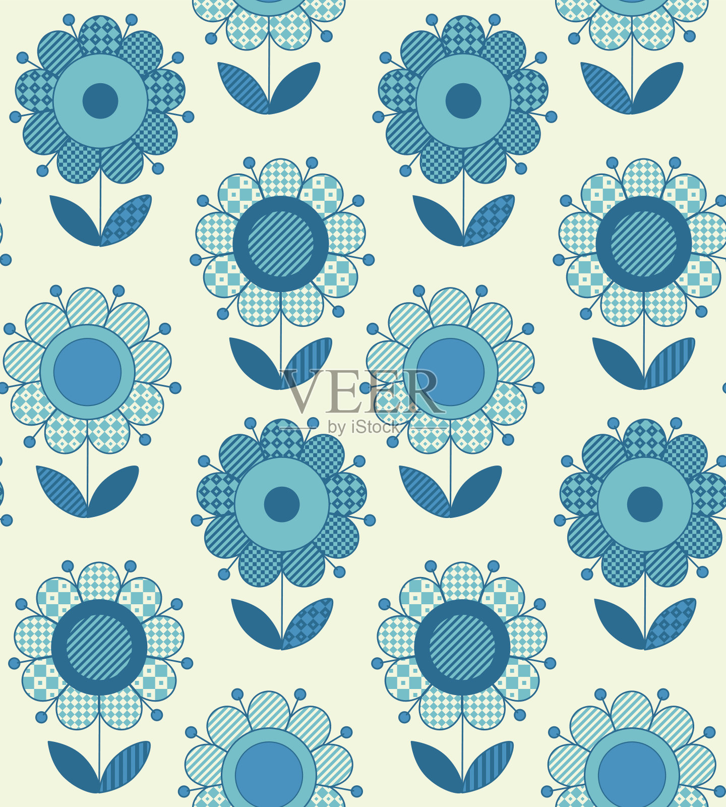 矢量无缝花图案为传统民间风格的表面设计。几何60年代的灵感在蓝色陶器颜色包装纸，织物，布的花卉插图。插画图片素材