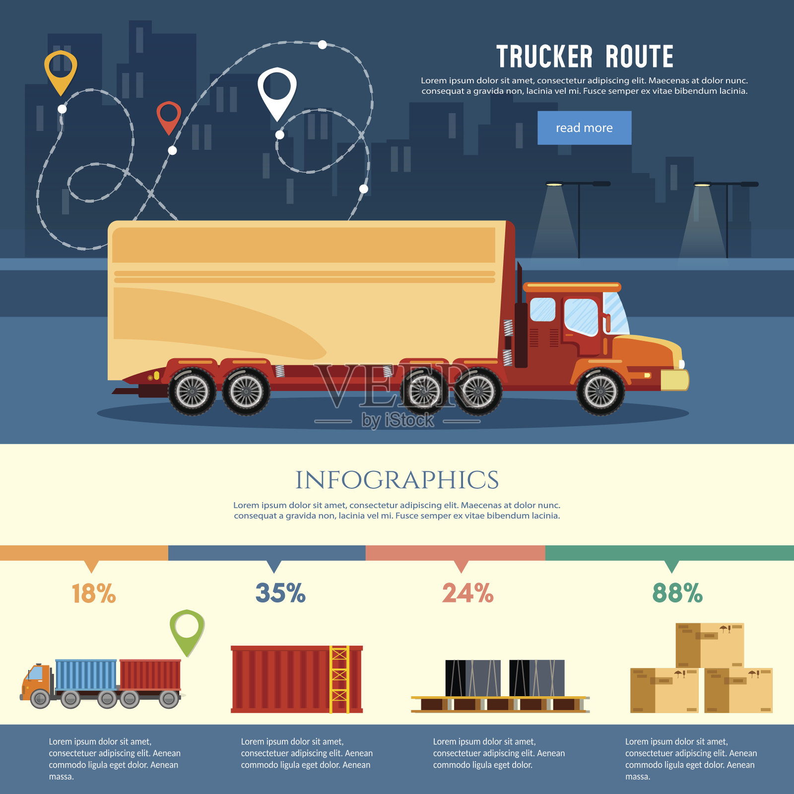 货物配送信息图，货物服务。卡车行业旗帜卡车司机路线。物流和城市。航运仓库元素向量插画图片素材