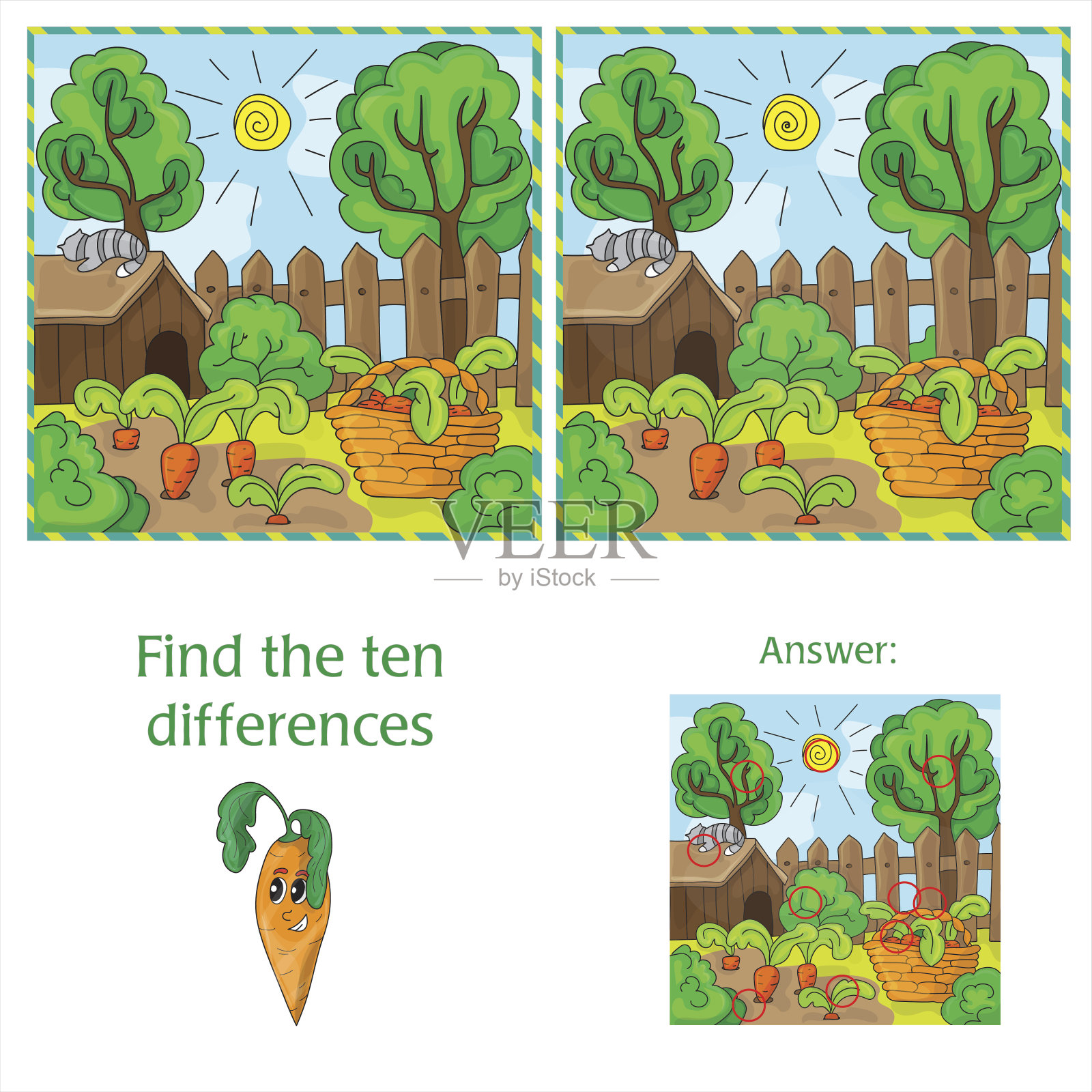 找出花园里的胡萝卜这两种形象之间的区别插画图片素材