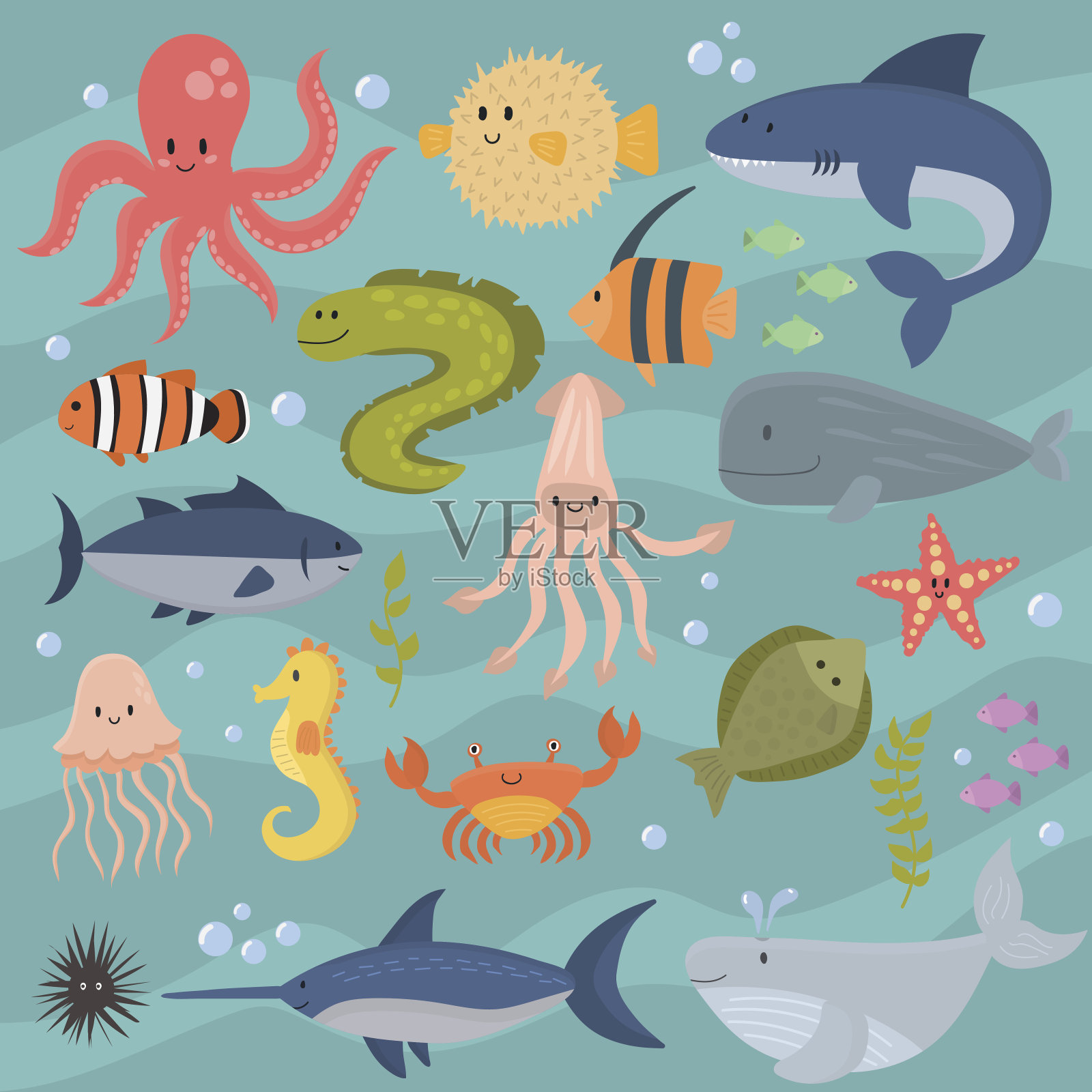 海洋生物水下卡通动物可爱的海洋人物鱼水族馆热带水生矢量插图插画图片素材