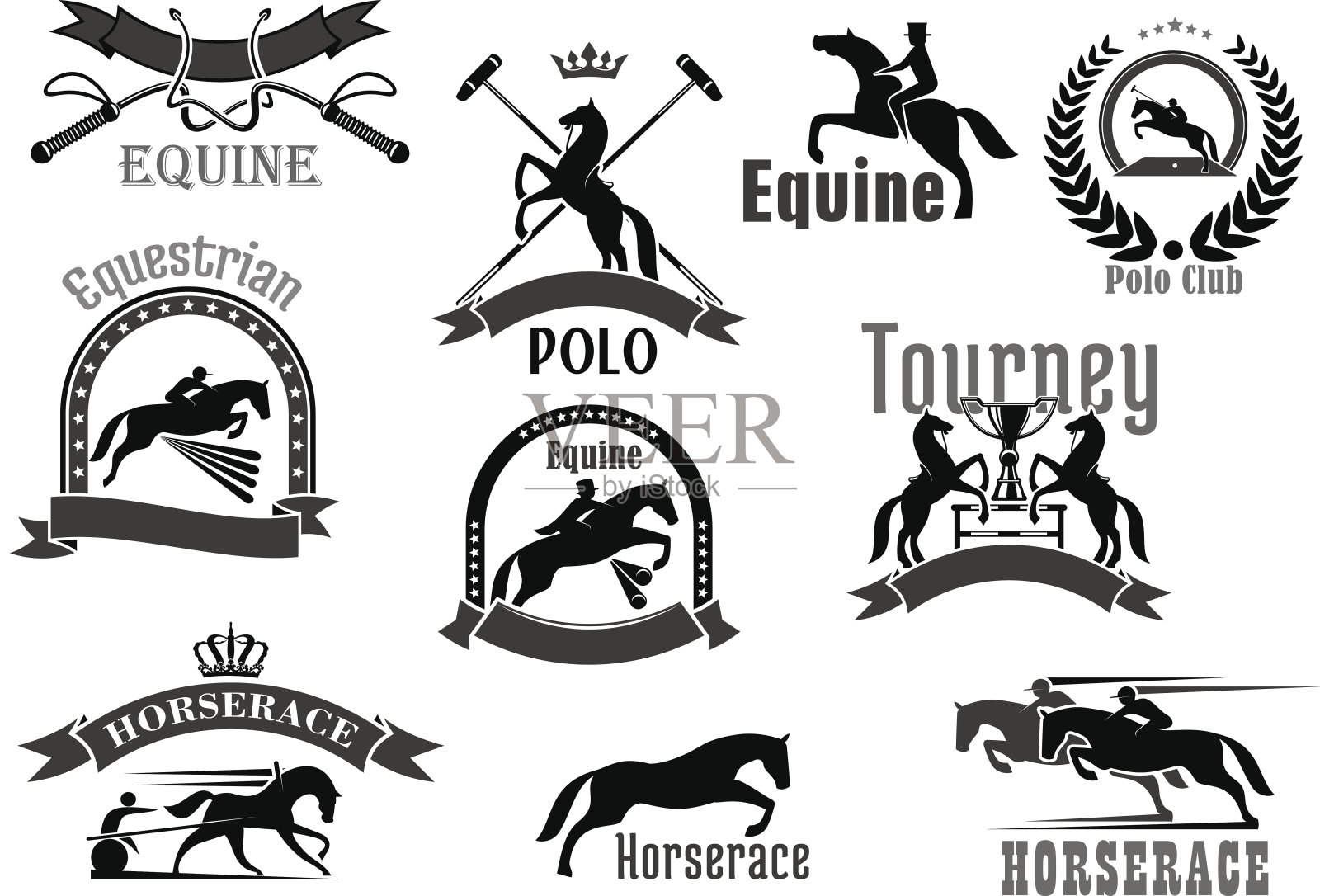 赛马或马球俱乐部矢量图标设置插画图片素材