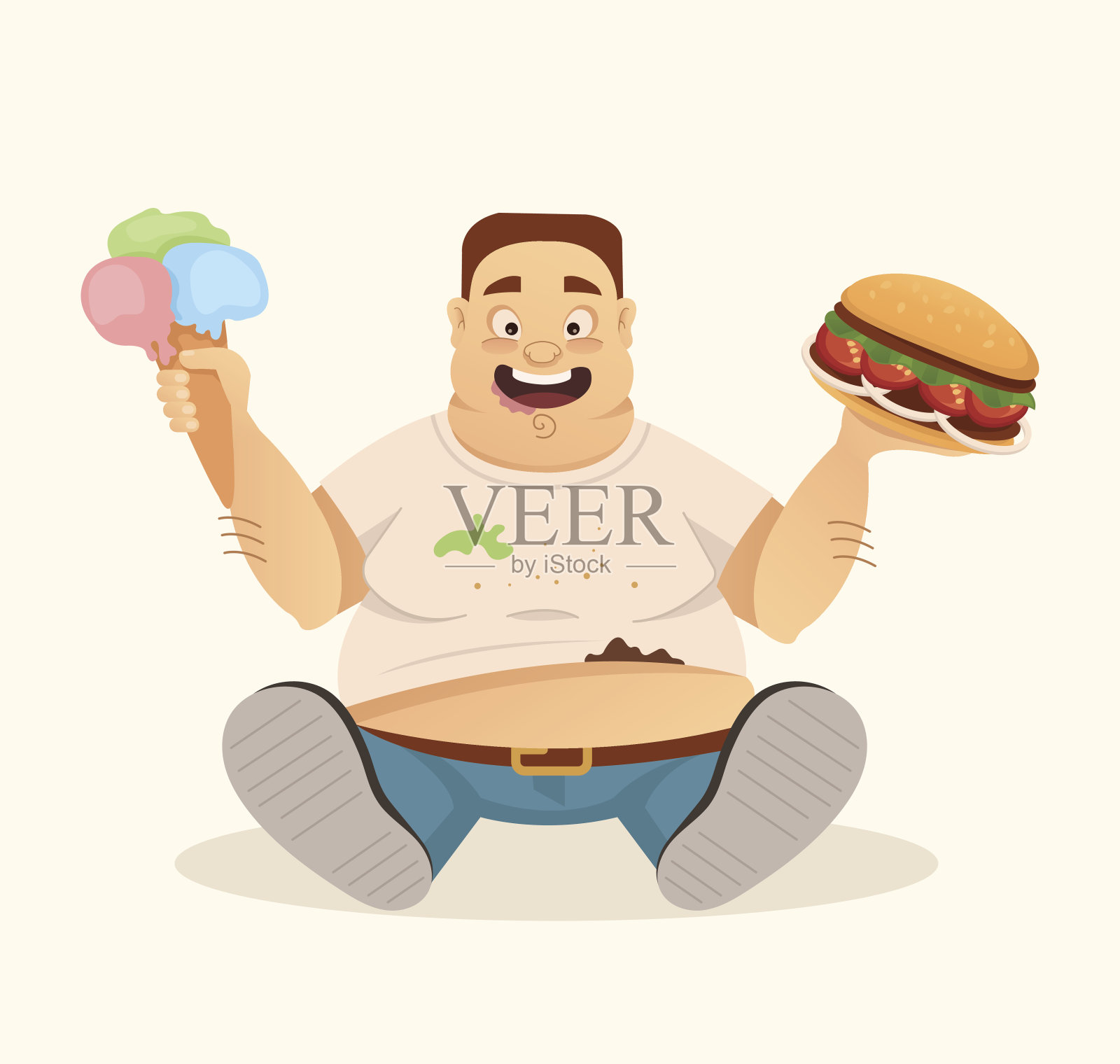 大胖子快乐微笑的人性格吉祥物吃汉堡包和冰淇淋快餐设计元素图片