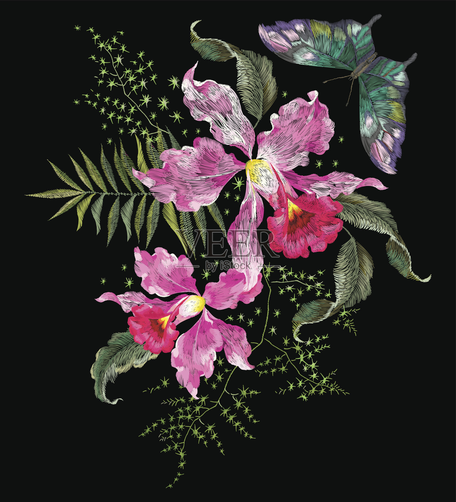 刺绣鲜艳的趋势花卉图案与兰花和蝴蝶。插画图片素材