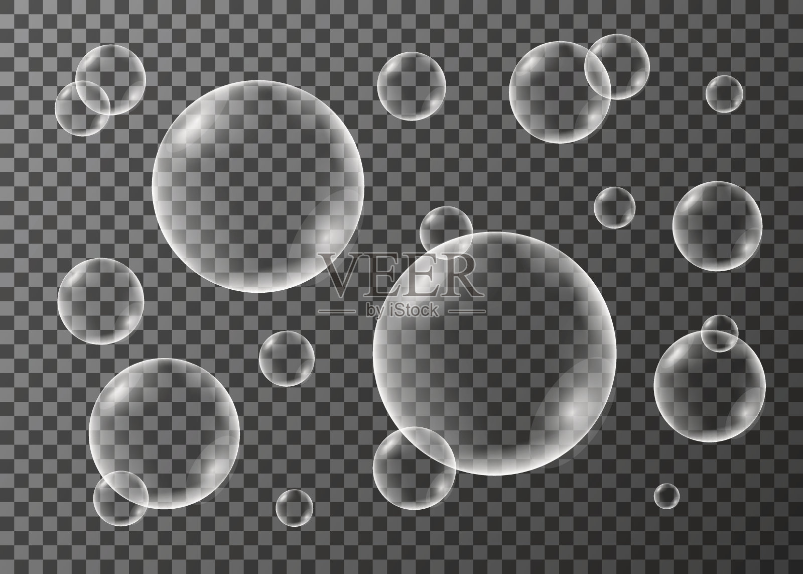 一套现实透明的肥皂，氧气或水的泡沫。设计元素图片