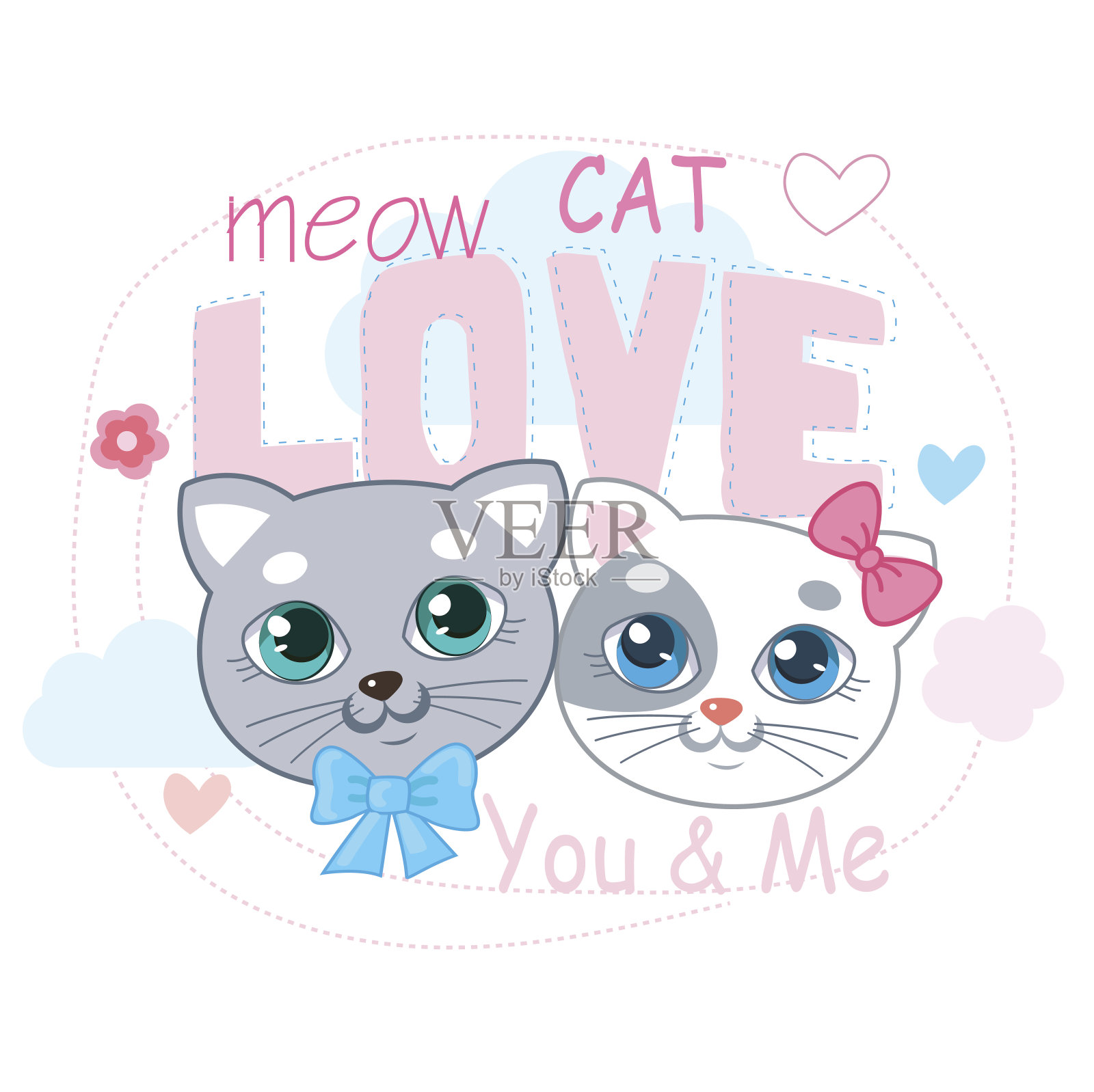 两只有文字和爱心的小猫。Т-Shirt设计矢量图。插画图片素材