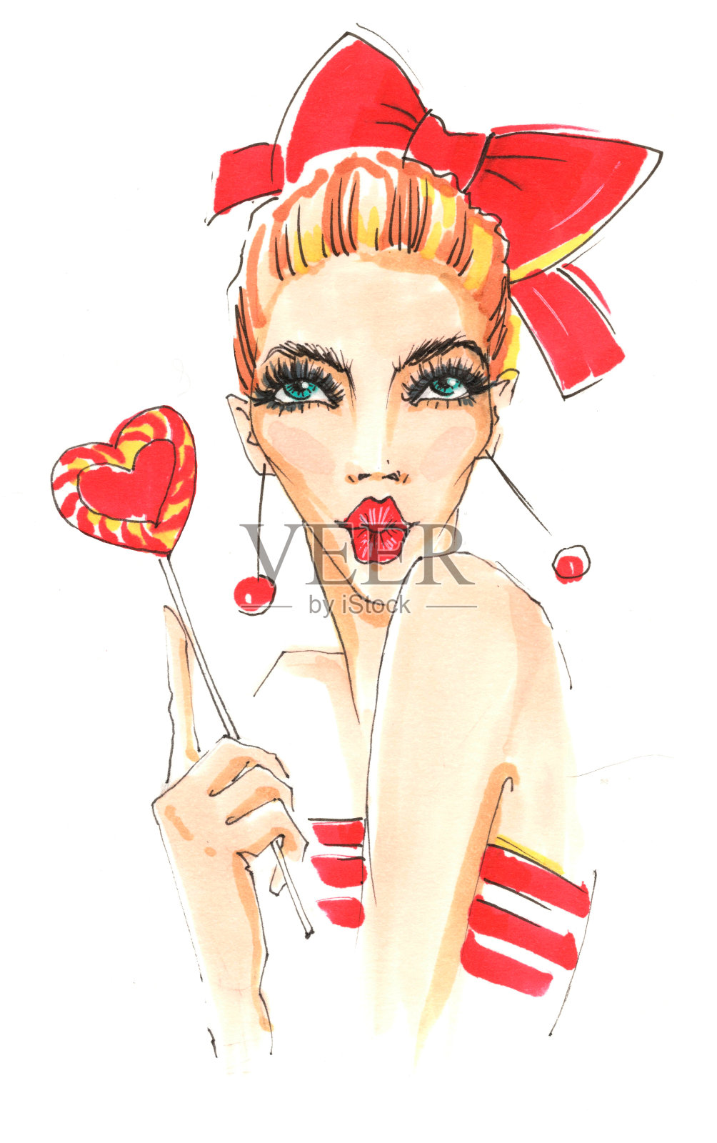 美女时尚模特女孩吃五颜六色的棒棒糖。插画图片素材