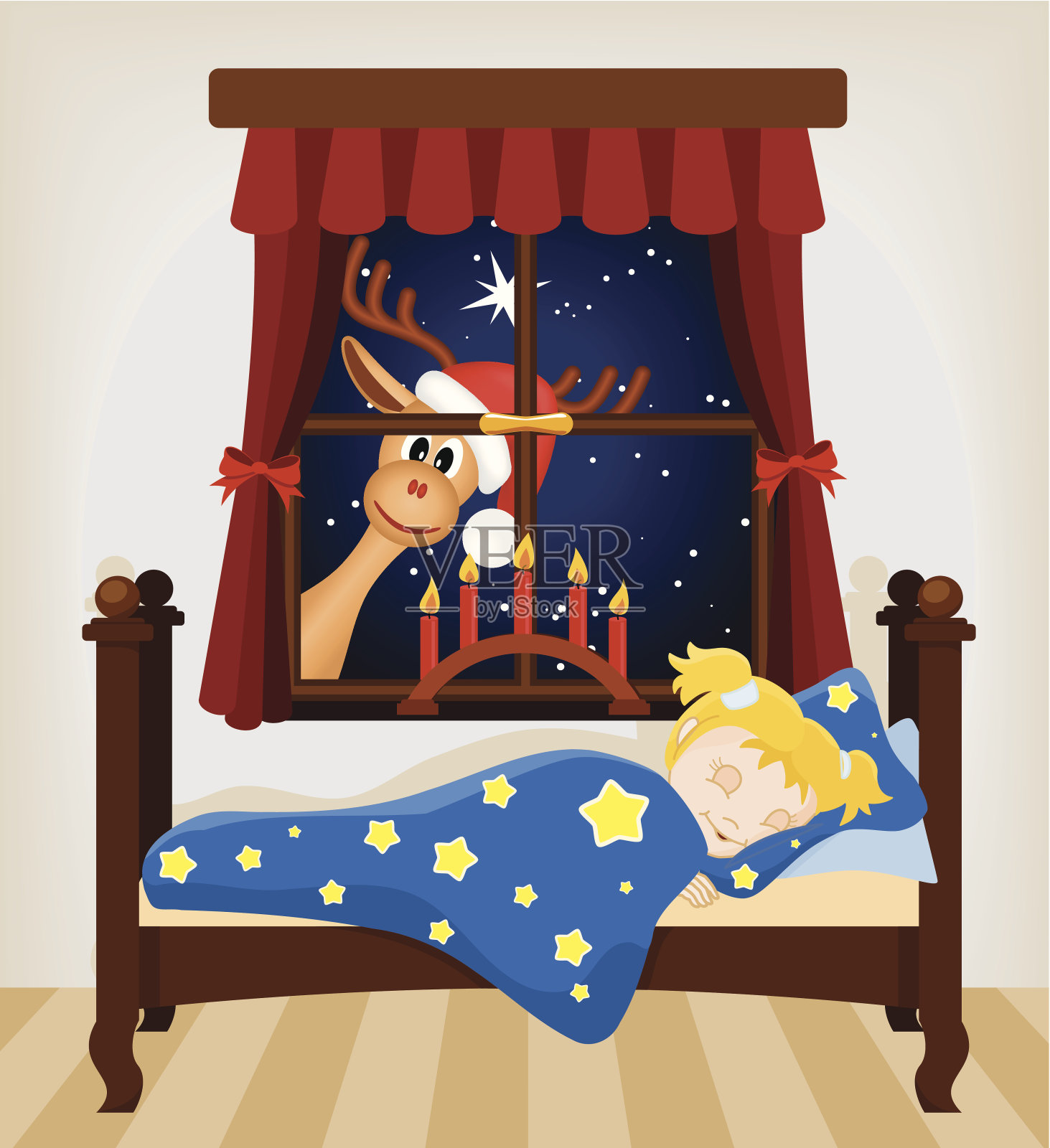 圣诞驯鹿透过窗户望着熟睡的婴儿设计元素图片