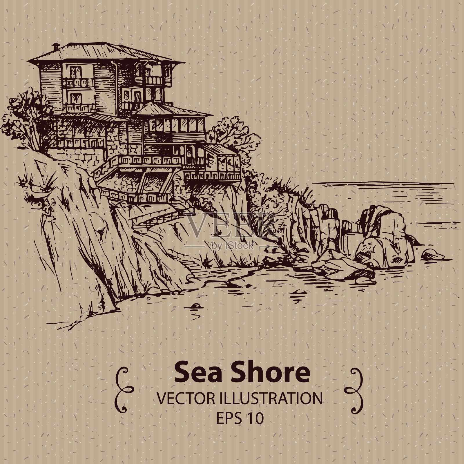 海边悬崖上的房子插画图片素材
