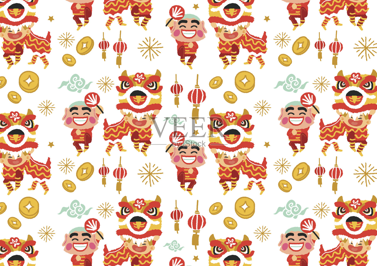 中国新年舞狮图案-矢量插图插画图片素材