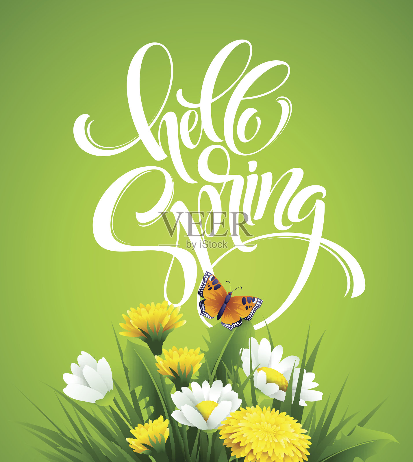 题词你好春天手写体在背景与鲜花。矢量图插画图片素材