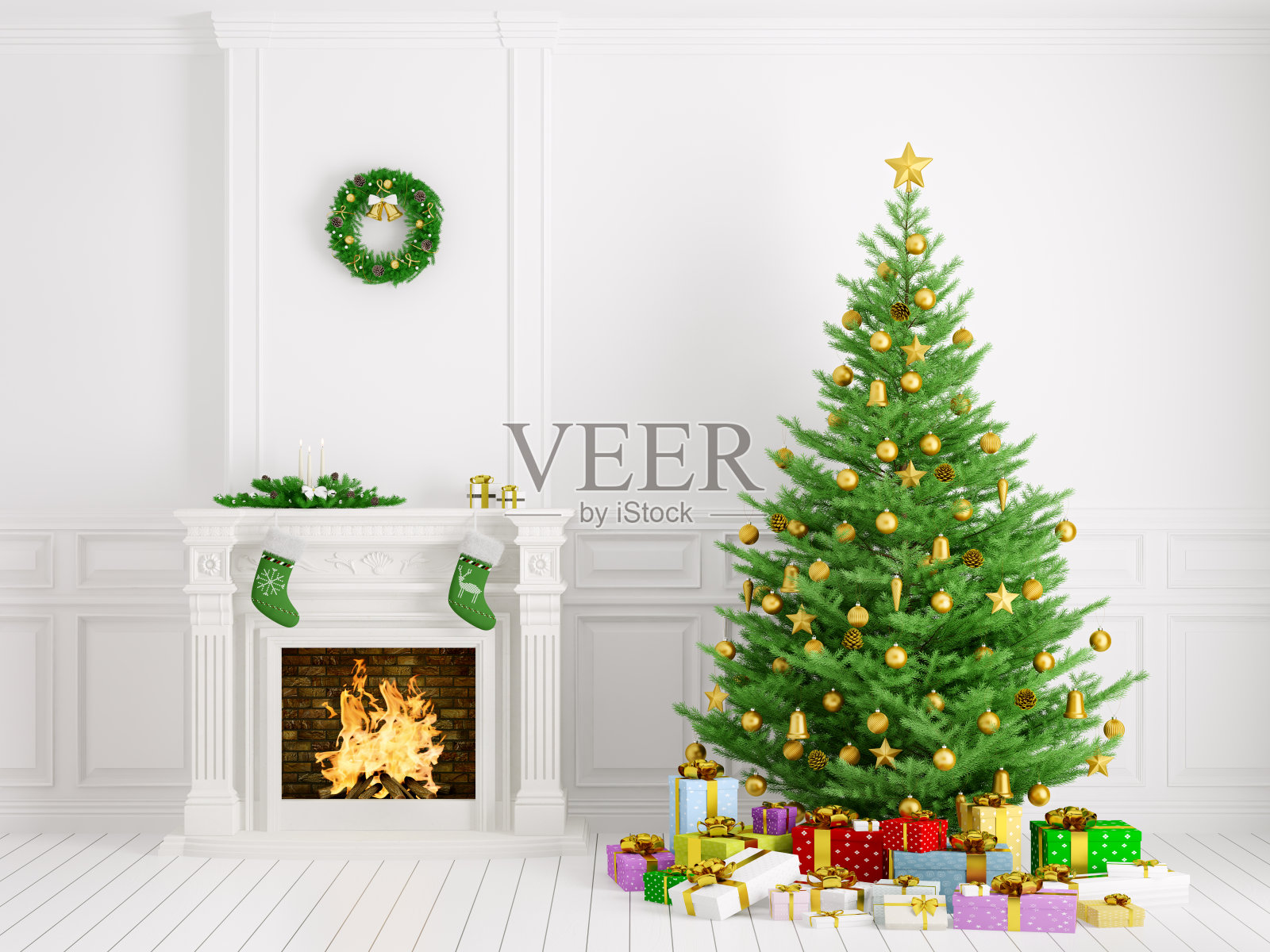 经典的室内圣诞树和壁炉3d渲染照片摄影图片