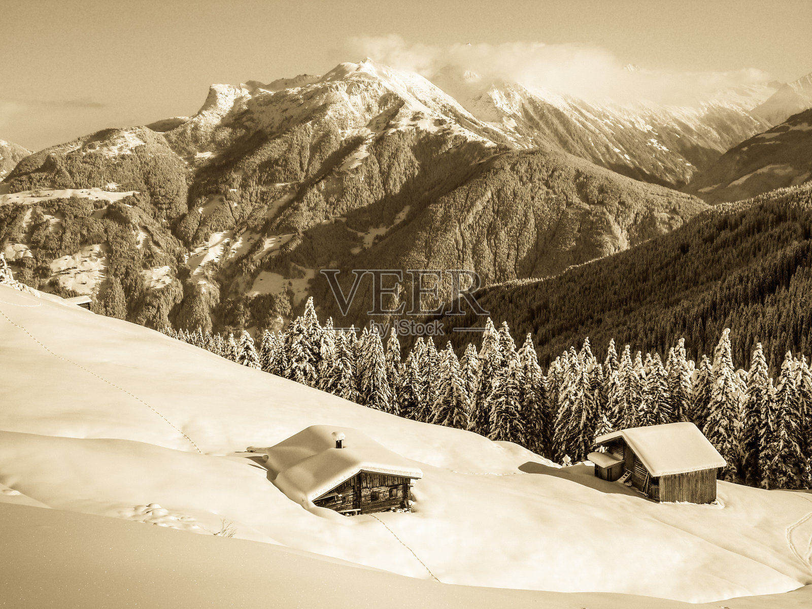 白雪皑皑的阿尔卑斯山在西皮亚效应照片摄影图片