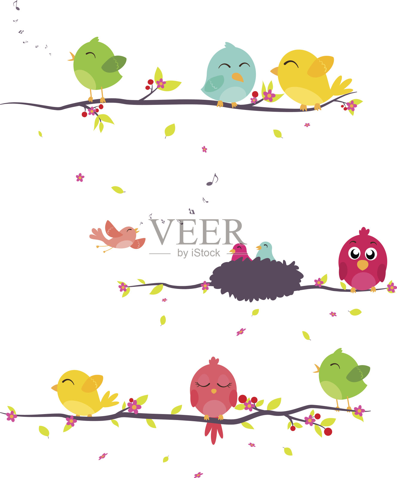 五颜六色的鸟坐在树枝上插画图片素材