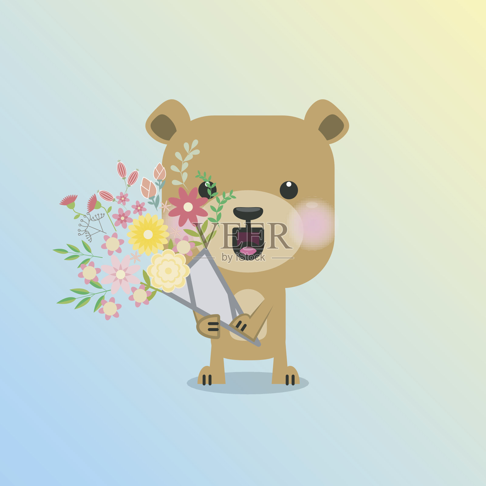 可爱的小泰迪熊送了一束花插画图片素材