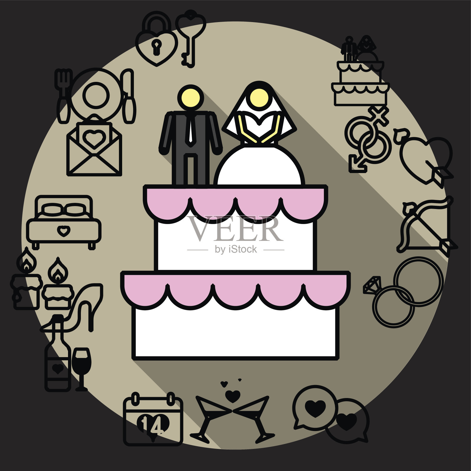 婚礼蛋糕与新娘和新郎小雕像插画图片素材