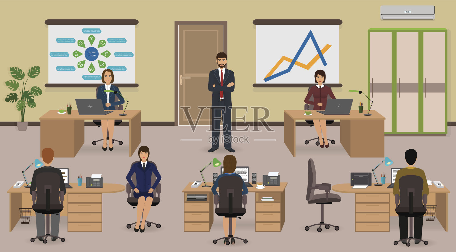 有员工和老板的办公室内部。团队合作业务情况。插画图片素材