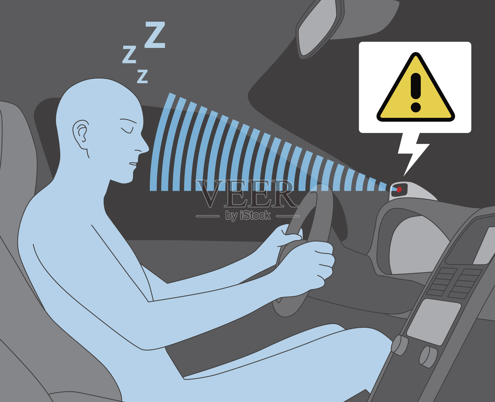 防瞌睡装置，驾驶员辅助系统，车内和驾驶员，矢量图插画图片素材