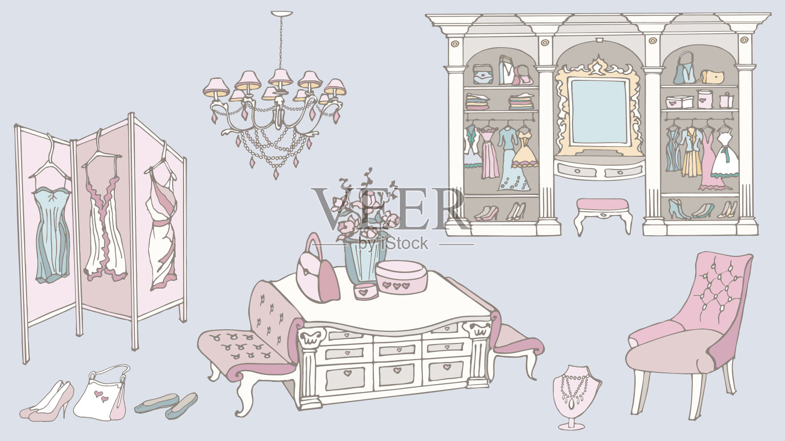 更衣室，时装，蓝粉色插画图片素材