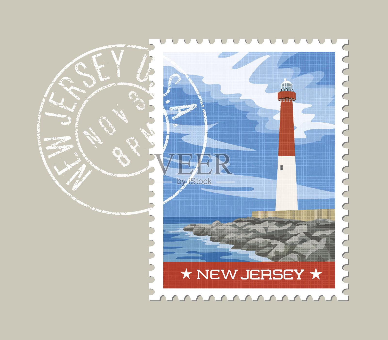 新泽西州邮票设计。矢量插图的岩石海岸线和灯塔。在另一层上印上Grunge邮戳。插画图片素材