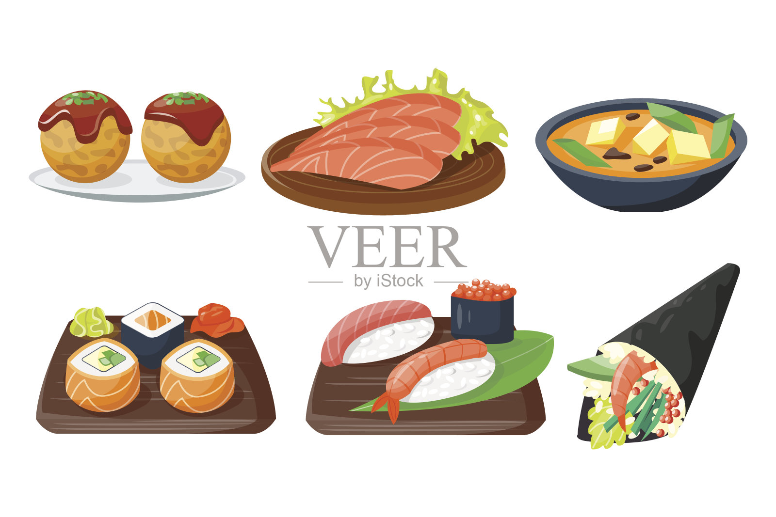 寿司日本料理传统食物平面健康美食图标和东方餐厅米饭亚洲餐盘文化卷矢量插画插画图片素材