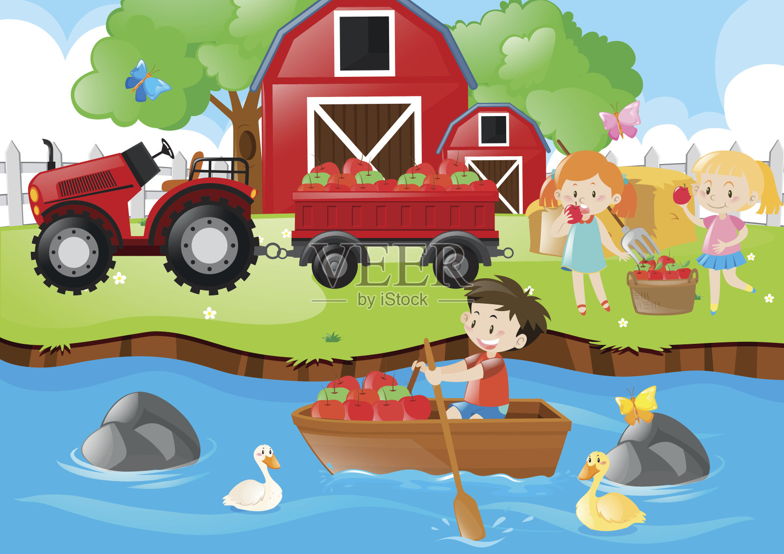有孩子和苹果的农场场景插画图片素材