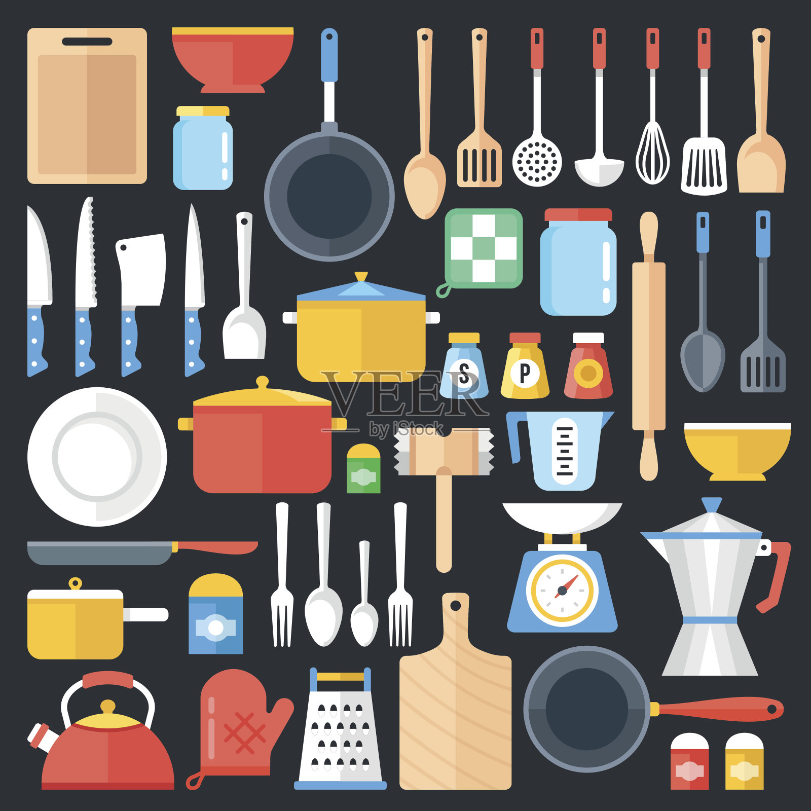 厨房用具。厨具，炊具，刀叉，厨具收藏。现代平面图标集，图形元素，对象。平面设计理念。矢量图图标素材