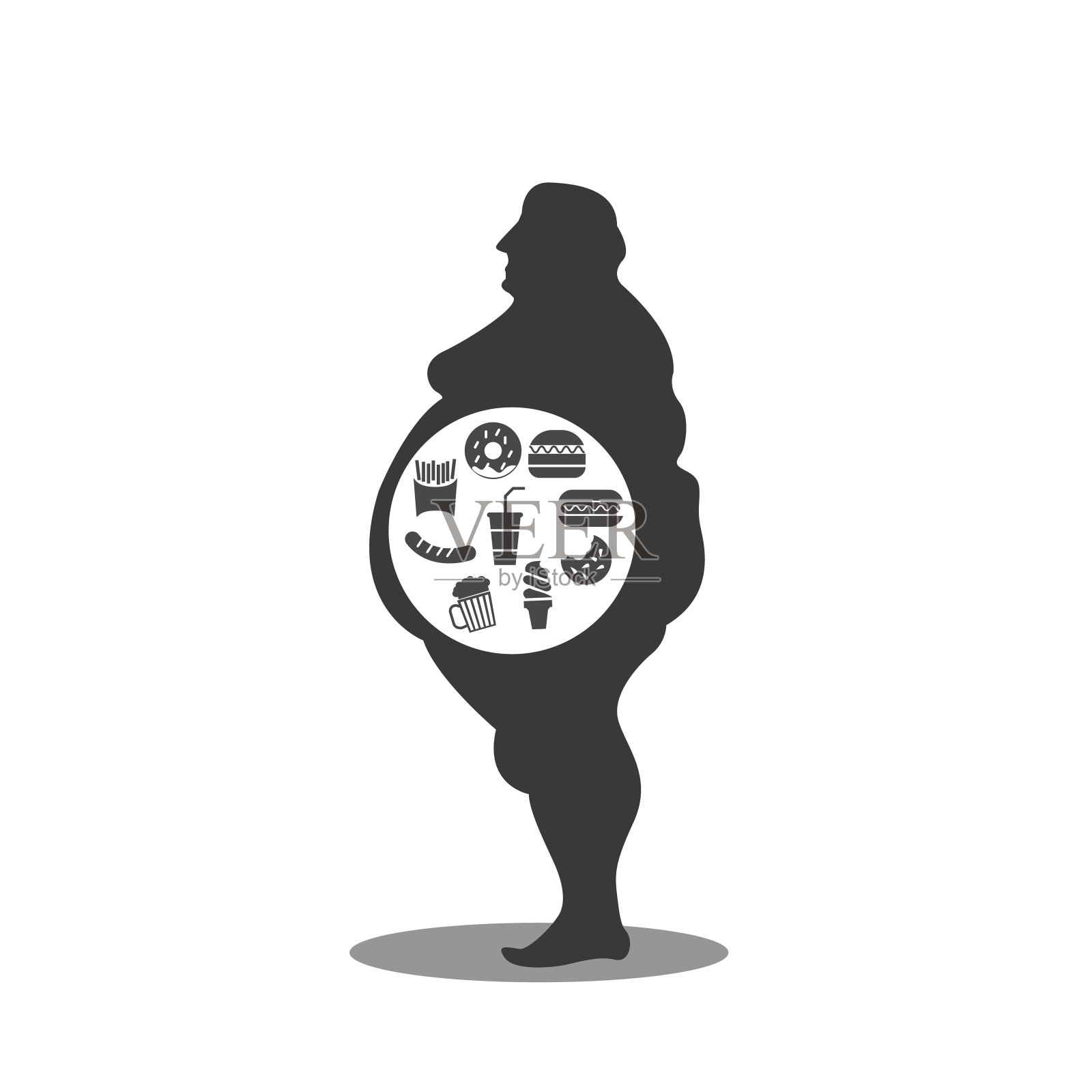 男人的身体和垃圾不健康的食物在一个肥胖的身体插画图片素材