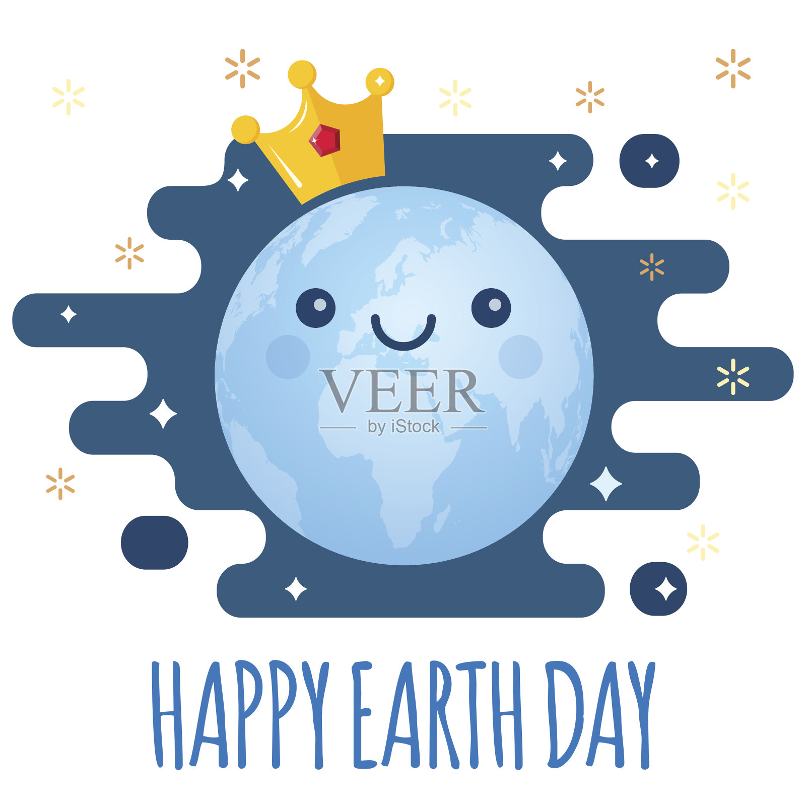 地球日矢量背景。卡通球与金色皇冠和星星。可爱开朗的微笑星球。4月22日庆祝活动的插图。支持环保、生态主题插画图片素材