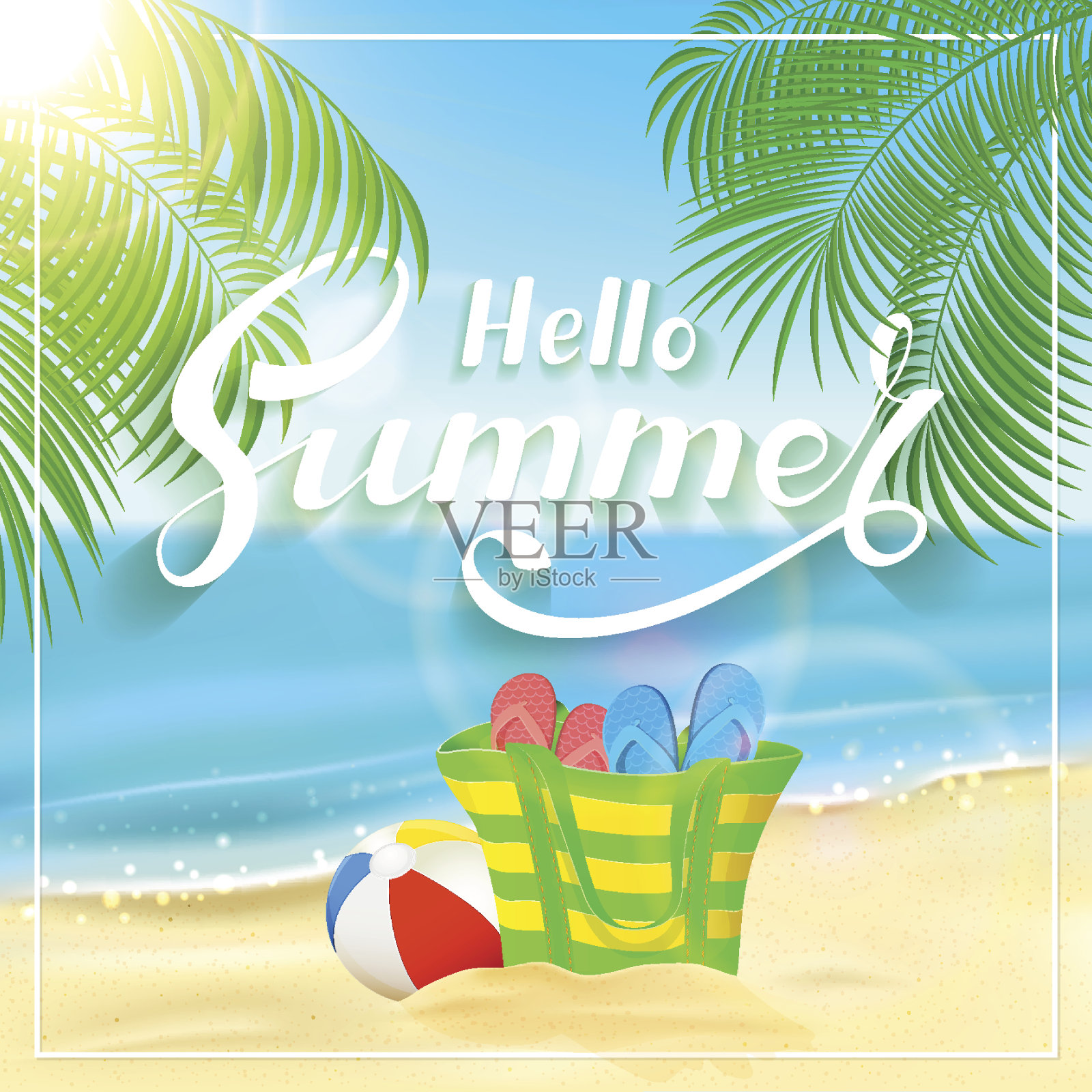袋在热带海滩和字母你好夏天插画图片素材