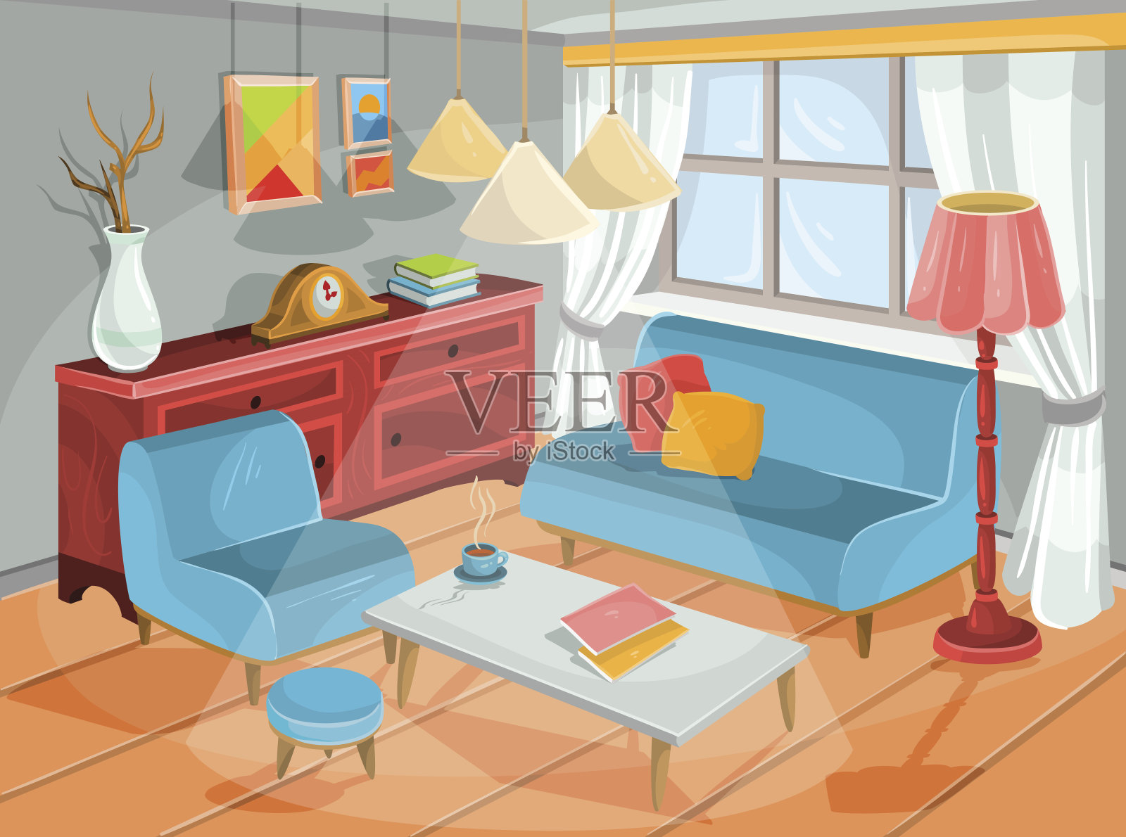 矢量插图的一个舒适的卡通室内，一个客厅插画图片素材