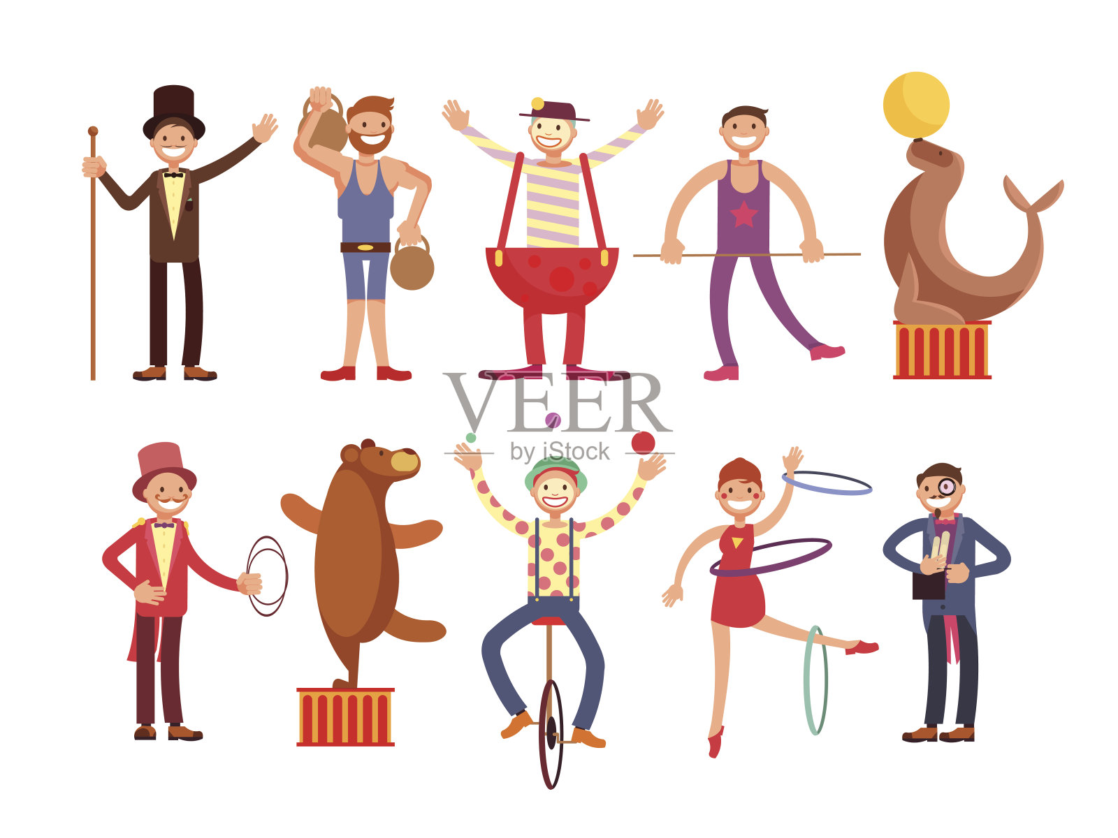 马戏团艺术家卡通人物向量集。杂技演员和大力士，魔术师，小丑，训练动物插画图片素材