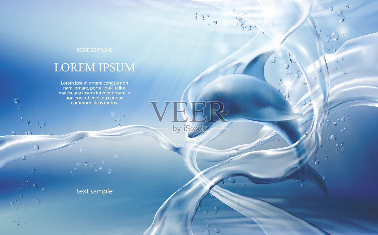 矢量横幅与流动，泡沫的水晶清澈的水和海豚在浅蓝色的背景设计模板素材