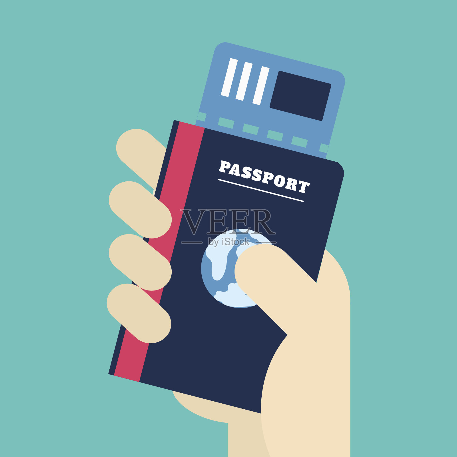 手里拿着护照和机票。护照图标，旅行概念，矢量，插图。插画图片素材
