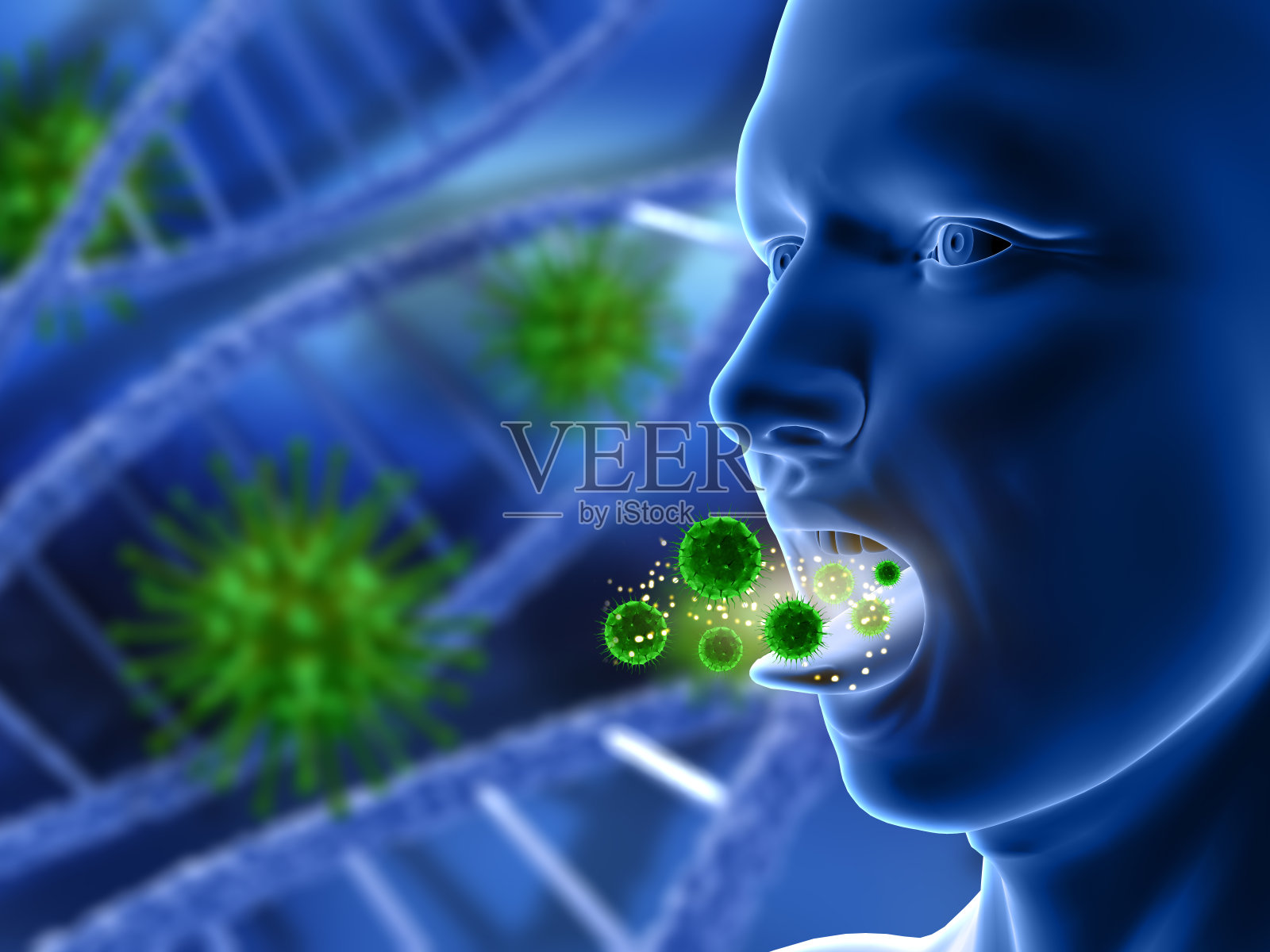 3D男性形象张着嘴，上面有病毒细胞照片摄影图片