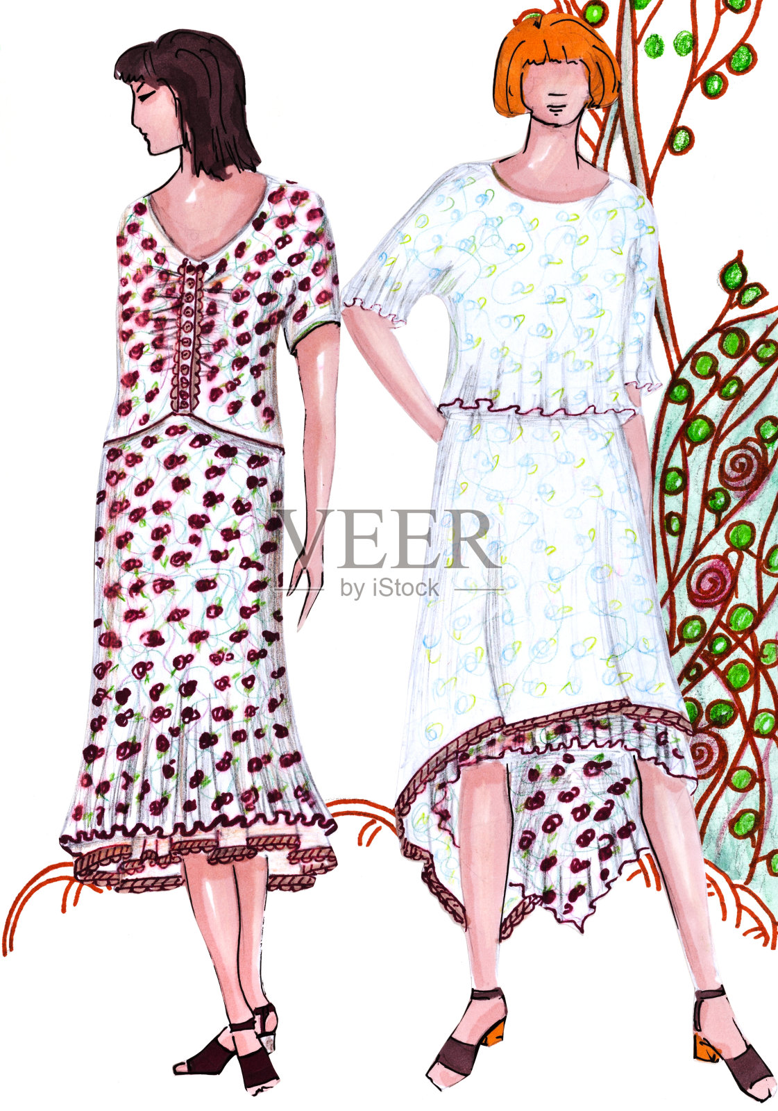 夏季优雅的中长裙套装从衬衫和裙子插画图片素材