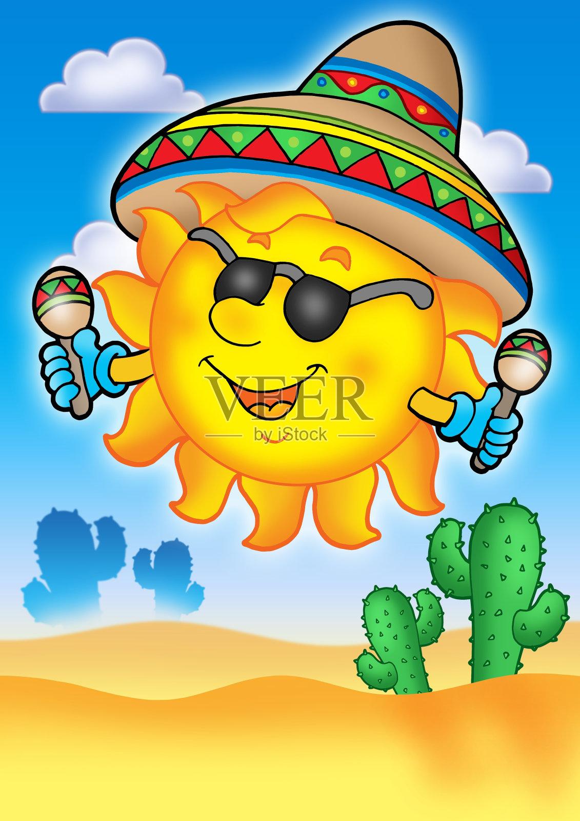 蓝色天空上的墨西哥太阳插画图片素材