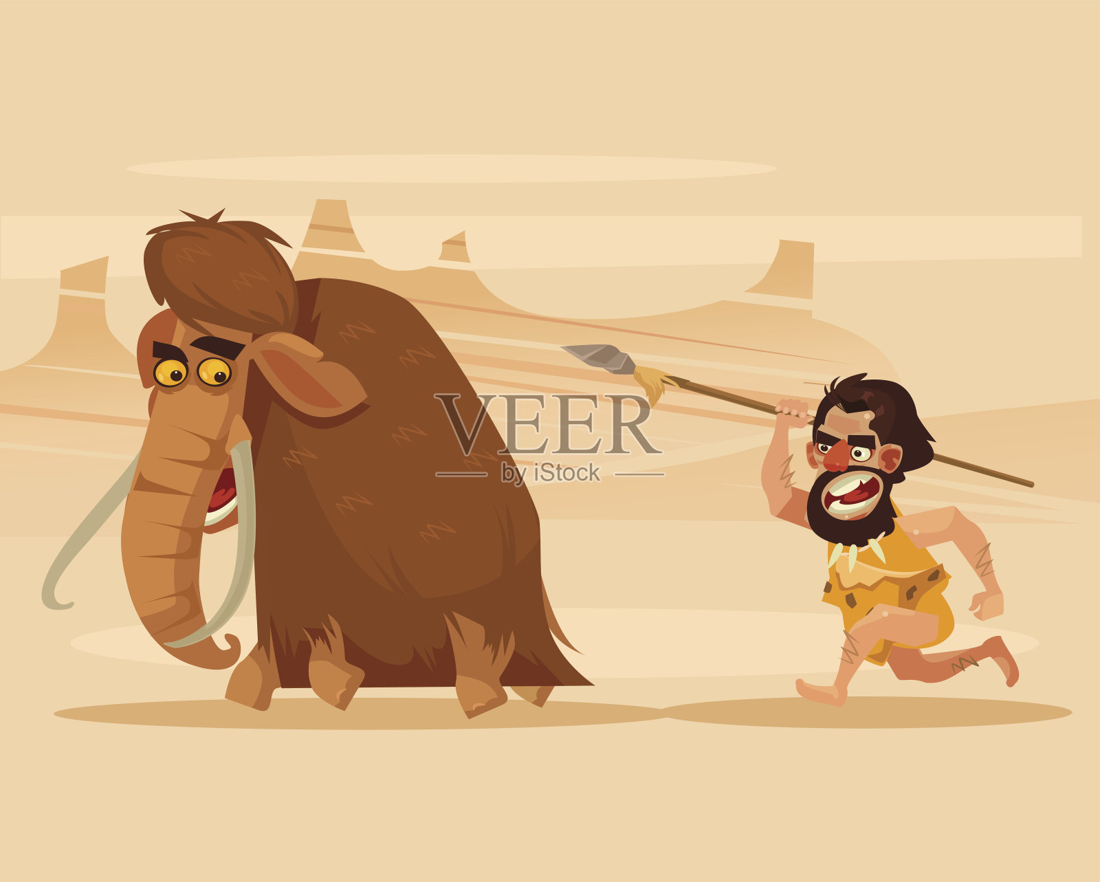 愤怒饥饿的原始穴居人追逐奔跑狩猎的猛犸象插画图片素材