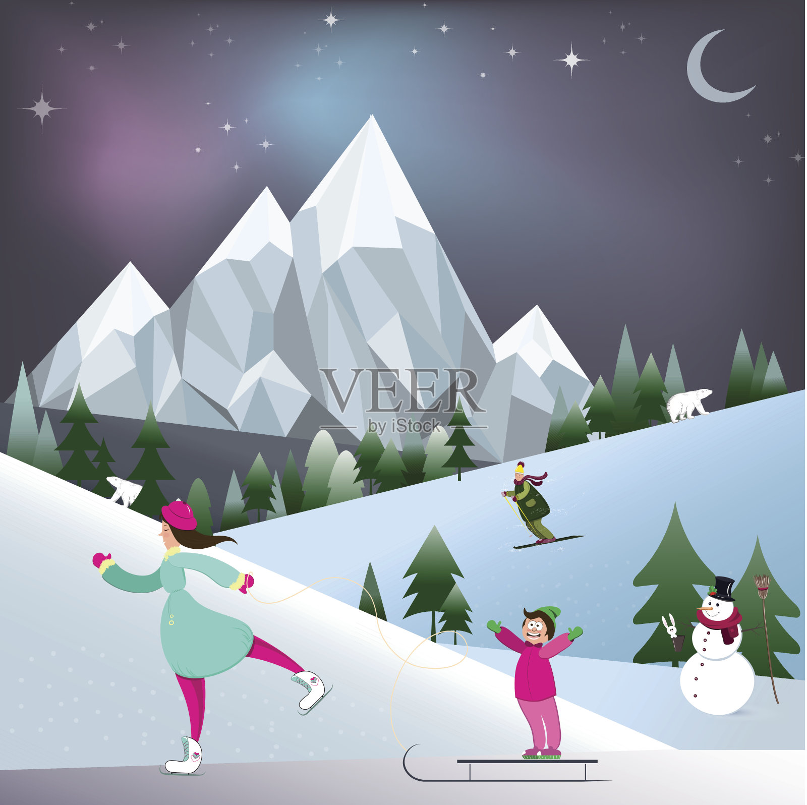 妈妈穿着溜冰鞋和她的儿子玩雪橇。卡通冬天森林与白熊和雪人。矢量图插画图片素材