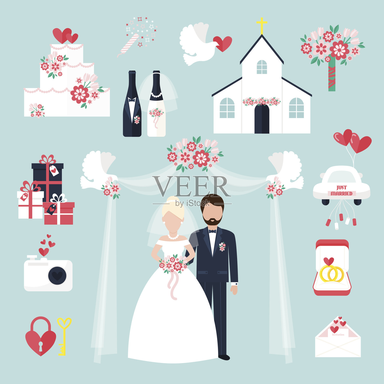婚礼元素邀请庆祝set flat周年纪念日浪漫装饰夫妇图标矢量插图设计模板素材