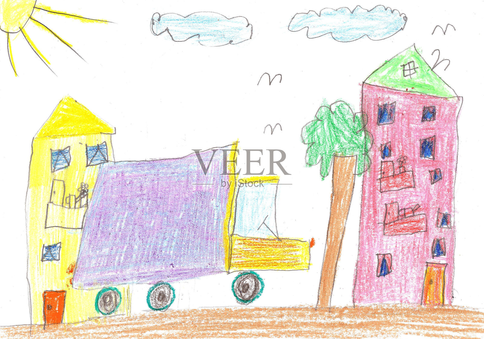 孩子的画。汽车，树和房子插画图片素材