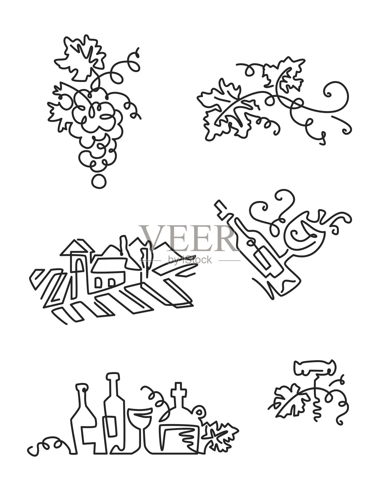 简单的一套葡萄酒图标。线的艺术。包括葡萄、带标签的葡萄酒、葡萄叶子、葡萄园等图标。插画图片素材