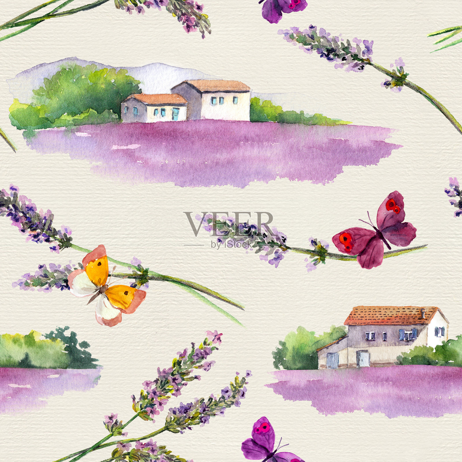 薰衣草田，薰衣草花，蝴蝶与法国农舍在普罗旺斯。水彩插画图片素材