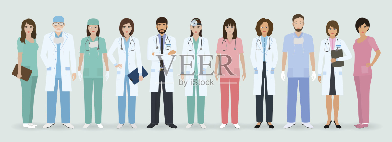 一群医生和护士站在一起。医务人员。医院工作人员。插画图片素材